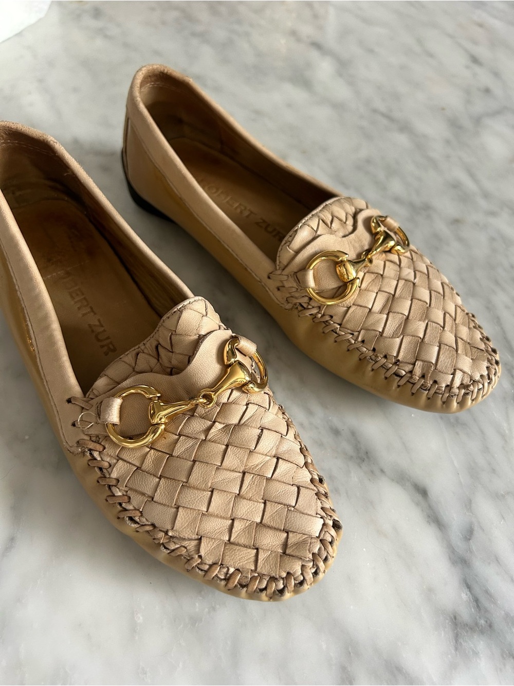 Robert Zur Perlata Tan Caramel Woven Lambskin Horsebit Driving Loafer - Size 6.5